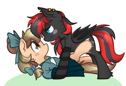 Size: 1920x1305 | Tagged: safe, artist:sb66, imported from derpibooru, oc, oc only, oc:almond, oc:sharpe, bat pony, pony, blushing, bow, choker, clothes, commission, cute, dress, female, hair bow, high res, mare, piercing, red and black oc, socks, ych result