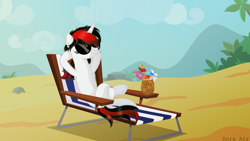 Size: 4000x2250 | Tagged: safe, artist:angel_animotr, imported from derpibooru, oc, oc only, oc:blackjack, pony, unicorn, fallout equestria, fallout equestria: project horizons, beach, beach chair, chair, commission, cute, fanfic art, female, hooves behind head, horn, mare, relaxing, solo, solo female, sunbathing, sunglasses, unicorn oc, ych result
