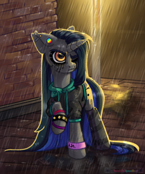 Size: 966x1155 | Tagged: safe, artist:beautifulspaceshow, imported from derpibooru, oc, oc only, oc:tough cookie (ice1517), pony, unicorn, clothes, ear piercing, earring, eyeshadow, female, grumpy, hoodie, jewelry, makeup, mare, night, one eye closed, piercing, rain, raised hoof, socks, solo, street, striped socks, unamused, wet, wristband