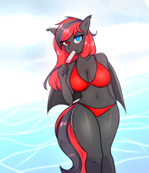 Size: 3000x3496 | Tagged: safe, artist:rintea, imported from derpibooru, oc, oc only, oc:sharpe, anthro, bat pony, bat pony oc, bat wings, beach, belly button, big breasts, bikini, breasts, cleavage, clothes, commission, female, food, heterochromia, high res, looking at you, popsicle, solo, solo female, swimsuit, wings, ych result