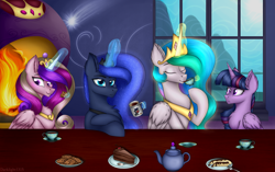 Size: 4920x3080 | Tagged: safe, artist:darklight1315, imported from derpibooru, princess cadance, princess celestia, princess luna, twilight sparkle, alicorn, bat pony, pony, fanfic:diplomatic immunity, alicorn tetrarchy, banana, cake, chest fluff, coffee, coffee mug, cookie, crown, cup, diplomatic immunity, ear fluff, fanfic art, fireplace, food, illustration, jewelry, magic, magic aura, mug, regalia, tea, teacup, twilight sparkle (alicorn), window