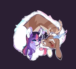 Size: 2605x2376 | Tagged: safe, alternate version, artist:orphicswan, artist:orphicswanart, imported from derpibooru, discord, twilight sparkle, alicorn, deer, deer pony, draconequus, original species, pony, antlers, cheek kiss, cuddling, curved horn, discolight, eyes closed, female, happy, high res, horn, kiss on the cheek, kissing, long mane, male, redesign, shipping, smiling, straight, swirls, twilight sparkle (alicorn), white hair