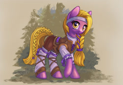 Size: 1300x900 | Tagged: safe, artist:maytee, imported from derpibooru, lily, lily valley, earth pony, pony, alternate hairstyle, braid, braided tail, clothes, leather armor, solo, tail