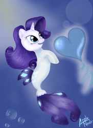 Size: 2087x2874 | Tagged: safe, artist:appleneedle, imported from derpibooru, rarity, pony, seapony (g4), unicorn, blue eyes, blue mane, bubble, dorsal fin, female, fish tail, flowing mane, flowing tail, heart bubbles, high res, ocean, open mouth, seaponified, seapony rarity, signature, simple background, smiling, solo, species swap, swimming, tail, underwater, water