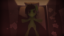 Size: 3840x2160 | Tagged: safe, artist:dieanondie, imported from derpibooru, oc, oc only, oc:filly anon, earth pony, pony, 3d, bed, black mane, blender, earth pony oc, female, filly, green coat, green eyes, high res, looking up, lying down, on back, on bed, pillow, solo