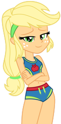 Size: 1024x2086 | Tagged: safe, artist:emeraldblast63, imported from derpibooru, applejack, human, equestria girls, equestria girls series, forgotten friendship, belly button, clothes, crossed arms, female, hatless, missing accessory, redesign, simple background, sleeveless, solo, swimsuit, transparent background, vector