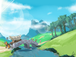 Size: 4000x3000 | Tagged: safe, artist:flaremoon, imported from derpibooru, earth pony, pegasus, pony, unicorn, bridge, castle, grass, grass field, hat, river, scenery, wagon