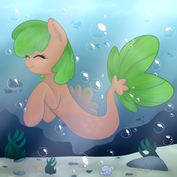 Size: 2000x2000 | Tagged: safe, artist:sadonax, imported from derpibooru, oc, oc only, fish, pegasus, pony, seapony (g4), starfish, bubble, crepuscular rays, dorsal fin, eyes closed, fish tail, flowing tail, green mane, high res, redraw, rock, seaponified, seashell, seaweed, smiling, solo, species swap, sunlight, swimming, tail, underwater, water