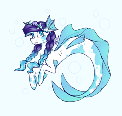 Size: 1800x1700 | Tagged: safe, artist:magicstar919, imported from derpibooru, oc, oc only, hybrid, merpony, seapony (g4), blue background, blue eyes, blue mane, braid, bubble, dorsal fin, female, fins, flower, flower in hair, ocean, signature, simple background, smiling, solo, tail, underwater, water