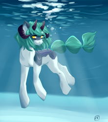 Size: 2300x2607 | Tagged: safe, artist:sheriwii, imported from derpibooru, oc, oc only, pony, bubble, crepuscular rays, digital art, eyelashes, flowing tail, green eyes, green mane, high res, horns, looking at you, ocean, signature, solo, sunlight, swimming, underwater, water, yellow eyes