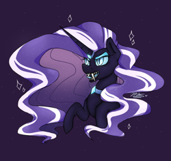 Size: 1800x1700 | Tagged: safe, artist:magicstar919, imported from derpibooru, nightmare rarity, pony, unicorn, blue eyes, bust, colored pupils, crown, ethereal mane, evil grin, eyelashes, fangs, female, flowing mane, glow, glowing, grin, horn, jewelry, long horn, necklace, open mouth, purple background, purple mane, regalia, signature, simple background, smiling, solo, starry mane, tetth, tongue out