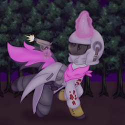 Size: 1280x1280 | Tagged: safe, artist:froyo15sugarblast, imported from derpibooru, oc, oc only, oc:shining silverdiamond, pony, unicorn, bandana, blood, forest, gun, handgun, helmet, looking back, magic, magic aura, male, night, pistol, running, solo, speedpaint available, stallion, tree, weapon