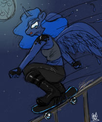 Size: 2036x2432 | Tagged: safe, artist:fetishsketches, imported from derpibooru, princess luna, alicorn, anthro, plantigrade anthro, alternative cutie mark placement, boots, clothes, cutie mark tattoo, doodle, fingerless gloves, gloves, high heel boots, high res, night, shoes, shoulder cutie mark, skating, solo, tattoo, tongue out