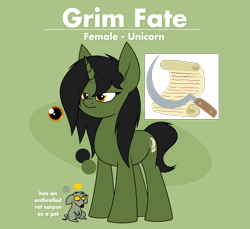 Size: 2047x1873 | Tagged: safe, artist:moonatik, imported from derpibooru, oc, oc only, oc:grim fate, pony, rat, unicorn, cutie mark, female, horn, mare, reference sheet, simple background, solo, text, transparent background, unicorn oc, vulgar description