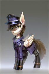 Size: 2957x4425 | Tagged: safe, artist:ramiras, imported from derpibooru, oc, oc only, oc:light dimmer, bat pony, hybrid, pony, equestria at war mod, armor, armored pony, bat pony oc, bat wings, boots, boots on hooves, clothes, coat, daybat, ear fluff, epaulettes, fangs, gradient background, hat, looking at you, lunar empire, male, military, military hat, military pony, military uniform, officer, peaked cap, pegabat, pegasus wings, shoes, solo, stallion, thestral, trenchcoat, uniform, uniform hat, wings, yellow eyes