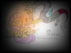 Size: 1040x769 | Tagged: safe, artist:gafelpoez, imported from derpibooru, discord, fluttershy, draconequus, pegasus, pony, candle, dark, duo, floating, ghost story, scared, shivering, traditional art