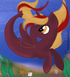 Size: 1280x1398 | Tagged: safe, artist:mezairplush, imported from derpibooru, oc, oc only, alicorn, pony, seapony (g4), starfish, base used, crepuscular rays, fin wings, fish tail, flowing mane, flowing tail, horn, looking up, male, ocean, orange eyes, seaponified, seashell, seaweed, signature, smiling, solo, species swap, stallion, swimming, tail, underwater, water, wings