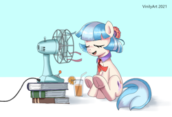 Size: 972x662 | Tagged: safe, artist:vinilyart, imported from derpibooru, coco pommel, earth pony, pony, book, cocobetes, cute, eyes closed, fan, female, food, frog (hoof), juice, mare, necktie, open mouth, orange, orange juice, relaxing, solo, straw, underhoof