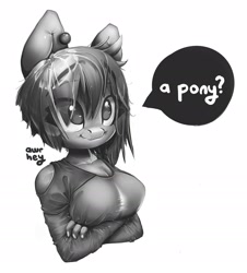 Size: 2788x3087 | Tagged: safe, artist:awr-hey, imported from derpibooru, oc, oc only, anthro, earth pony, bust, clothes, crossed arms, earth pony oc, female, grayscale, monochrome, simple background, smiling, solo, talking, white background