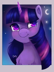 Size: 1280x1681 | Tagged: safe, alternate version, artist:saphypone, imported from derpibooru, twilight sparkle, pony, unicorn, bust, chest fluff, cute, female, high res, looking up, mare, moon, night, portrait, revised, signature, sky, smiling, solo, stars, twiabetes, unicorn twilight