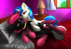 Size: 2922x2028 | Tagged: safe, alternate version, artist:flapstune, imported from derpibooru, dj pon-3, vinyl scratch, oc, oc:rubellite rhapsody, pegasus, pony, unicorn, bed, canon x oc, cutie mark, duo, duo female, female, females only, horn, hug, laying on bed, lesbian, lying down, mare, on bed, pegasus oc, pillow, red and black oc, red eyes, signature, window, wings