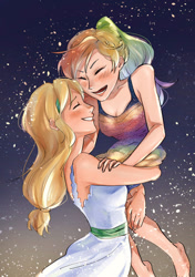Size: 500x711 | Tagged: artist needed, source needed, safe, imported from derpibooru, applejack, rainbow dash, human, appledash, bare shoulders, female, humanized, lesbian, shipping, sleeveless