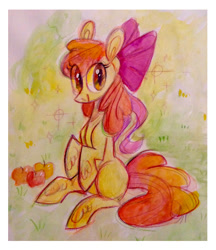 Size: 1196x1383 | Tagged: safe, artist:spacekitsch, imported from derpibooru, apple bloom, earth pony, pony, apple, female, filly, food, solo, traditional art