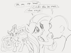 Size: 1011x760 | Tagged: safe, artist:dotkwa, imported from derpibooru, fluttershy, lyra heartstrings, oc, oc:anon, human, pegasus, pony, unicorn, dialogue, female, grayscale, l.u.l.s., levitation, magic, male, mare, monochrome, one eye closed, open mouth, sketch, stealing, telekinesis, wink