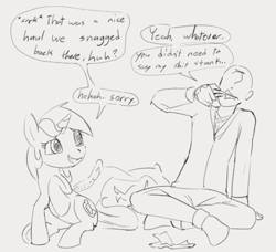 Size: 819x746 | Tagged: safe, artist:dotkwa, imported from derpibooru, lyra heartstrings, oc, oc:anon, human, pony, unicorn, dialogue, eating, female, grayscale, l.u.l.s., male, mare, monochrome, sitting, sketch