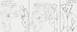 Size: 2020x831 | Tagged: safe, artist:dotkwa, imported from derpibooru, fluttershy, oc, oc:anon, human, pegasus, pony, comic, dialogue, duo, female, grayscale, implied lyra, male, mare, monochrome, sketch