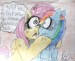 Size: 2000x1633 | Tagged: safe, artist:superdarksidex5, imported from derpibooru, angel bunny, fluttershy, rainbow dash, pegasus, pony, rabbit, animal, creepy, cross-popping veins, female, mare, personal space invasion, sweat, sweatdrop, traditional art, trio