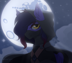 Size: 3500x3070 | Tagged: safe, artist:sinner_png, imported from derpibooru, oc, oc only, oc:shadowsneak, pegasus, pony, assassin, cloak, clothes, ear fluff, high res, mare in the moon, moon, moonlight, night, solo, starry night, stars