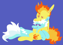 Size: 1024x732 | Tagged: safe, artist:goatpaste, imported from derpibooru, fleetfoot, spitfire, pegasus, pony, blue background, cuddling, female, fleetfire, lesbian, lineless, lying down, mare, prone, shipping, simple background