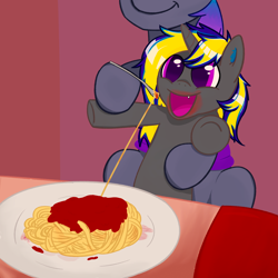 Size: 3000x3000 | Tagged: safe, artist:sodapop200, imported from derpibooru, oc, oc:grey, oc:rapid shadow, bat pony, pony, unicorn, eating, food, happy, high res, pasta, spaghetti