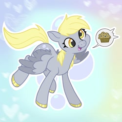 Size: 1800x1800 | Tagged: safe, artist:twistygrins, imported from derpibooru, derpy hooves, pegasus, pony, colored hooves, cute, derpabetes, female, food, heart, mare, muffin, open mouth, pictogram, solo, speech bubble, that pony sure does love muffins, two toned wings, wings