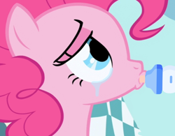 Size: 720x561 | Tagged: safe, edit, edited screencap, editor:notxweeb, imported from derpibooru, screencap, pinkie pie, earth pony, pony, griffon the brush off, season 1, adult foal, baby bottle, bedroom eyes, close-up, crying, drinking, lidded eyes, looking up, solo, sucking