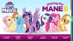 Size: 640x360 | Tagged: safe, imported from derpibooru, applejack, fluttershy, pinkie pie, rainbow dash, rarity, twilight sparkle, alicorn, earth pony, pegasus, pony, unicorn, my little pony: the movie, happy, kneeling, looking at you, mane six, official, spread wings, twilight sparkle (alicorn), wings