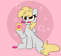 Size: 4568x4170 | Tagged: safe, artist:kittyrosie, imported from derpibooru, derpy hooves, pegasus, pony, absurd resolution, blushing, bubble, cute, derpabetes, female, kittyrosie is trying to murder us, mare, mouth hold, pink background, simple background, sitting, smiling, solo