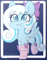 Size: 2392x3000 | Tagged: safe, artist:sakukitty, imported from derpibooru, oc, oc only, oc:snowdrop, pegasus, pony, bow, clothes, eye clipping through hair, eyebrows, eyebrows visible through hair, female, filly, grin, high res, pegasus oc, smiling, socks, solo, wings