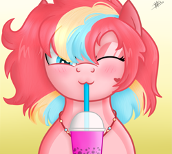 Size: 1559x1397 | Tagged: safe, artist:princessmoonsilver, imported from derpibooru, oc, oc only, oc:loly pop, earth pony, pony, blushing, bust, female, jewelry, mare, milkshake, necklace, one eye closed, portrait, simple background, solo, straw, yellow background