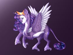 Size: 1024x768 | Tagged: safe, artist:rainydayjitters, imported from derpibooru, rarity, twilight sparkle, alicorn, bicorn, pony, cloven hooves, fusion, horn, leonine tail, multiple horns, neck fluff, solo, twilight sparkle (alicorn), two toned wings, unshorn fetlocks, wings