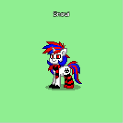 Size: 400x400 | Tagged: safe, artist:snowi, imported from derpibooru, oc, oc:snowi, pony, unicorn, pony town, biohazard, black and red, black and red scarf, black and red socks, blue hair, clothes, female, horn, mare, pixel art, red and blue, red and blue hair, red eyes, red hair, scarf, socks, solo, white hair, white pony