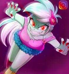 Size: 1080x1152 | Tagged: safe, artist:the-butch-x, imported from derpibooru, lyra heartstrings, vampire, equestria girls, background human, breasts, busty lyra heartstrings, cleavage, fangs, female, instagram, looking at you, red eyes, solo, teeth