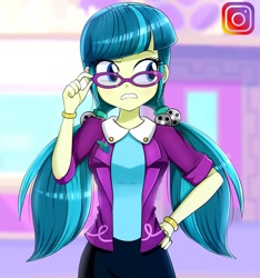 Size: 1080x1152 | Tagged: safe, artist:the-butch-x, imported from derpibooru, juniper montage, equestria girls, mirror magic, movie magic, spoiler:eqg specials, breasts, busty juniper montage, female, glasses, hand on hip, instagram, juniper montage the porn star, solo, teeth