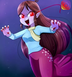 Size: 1080x1152 | Tagged: safe, artist:the-butch-x, imported from derpibooru, velvet sky, vampire, equestria girls, background human, breasts, busty velvet sky, clothes, fangs, female, instagram, looking at you, open mouth, red eyes, skirt, solo, teeth