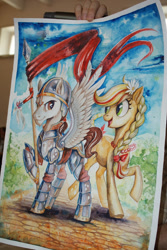 Size: 440x657 | Tagged: artist needed, safe, imported from derpibooru, oc, oc:poppy seed (mec), oc:thunder wing (mec), armor, flower, flower in hair, hussar, irl, jewelry, looking at each other, middle equestrian convention, necklace, not applejack, photo, poland, spread wings, traditional art, watercolor painting, wings