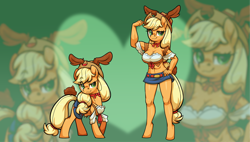 Size: 1920x1094 | Tagged: safe, artist:moonseeker, imported from derpibooru, applejack, anthro, earth pony, pony, unguligrade anthro, anthro ponidox, applejacked, belly button, big breasts, breasts, busty applejack, cleavage, clothes, denim skirt, flexing, hand on hip, hat, heart, miniskirt, muscles, self ponidox, skirt, top, zoom layer