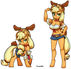 Size: 3537x3406 | Tagged: safe, alternate version, artist:moonseeker, imported from derpibooru, applejack, anthro, earth pony, pony, unguligrade anthro, anthro ponidox, applejacked, belly button, big breasts, breasts, busty applejack, cleavage, clothes, denim skirt, dog ears, flexing, hand on hip, hat, high res, miniskirt, muscles, self ponidox, shirt, simple background, skirt, top, transparent background