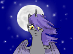 Size: 1043x766 | Tagged: safe, artist:joan-grace, imported from derpibooru, oc, oc only, alicorn, bat pony, bat pony alicorn, pony, bat pony oc, bat wings, female, frown, full moon, horn, mare, moon, night, solo, stars, wings