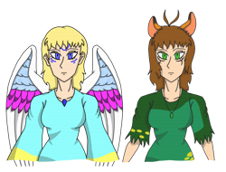 Size: 3053x2320 | Tagged: safe, artist:agdapl, imported from derpibooru, oc, oc only, human, bust, clothes, duo, female, high res, humanized, jewelry, necklace, simple background, transparent background, winged humanization, wings